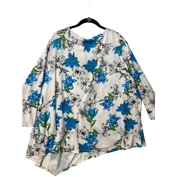 NEW DG2 Diane Gilman 3X Floral Top Shirt 3/4 Sleeves Blue White Floral‎ Ruffle - Picture 1 of 14
